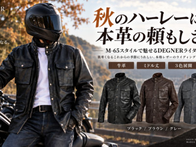 秋のツーリングに本革の頼もしさを。ミリタリーウェアの名作M-65スタイルで魅せるライダースがDEGNERより登場！