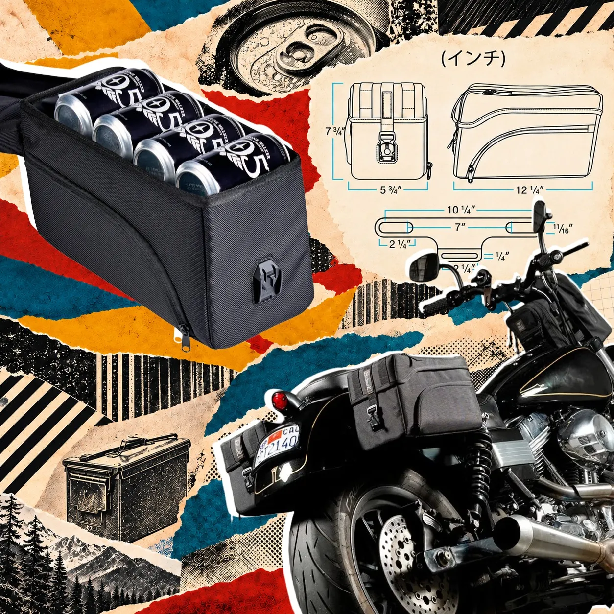 Biltwell EXFIL-12 サドルバッグ片側の横長フォルムとフタ、サイドの曲線ファスナーポケット