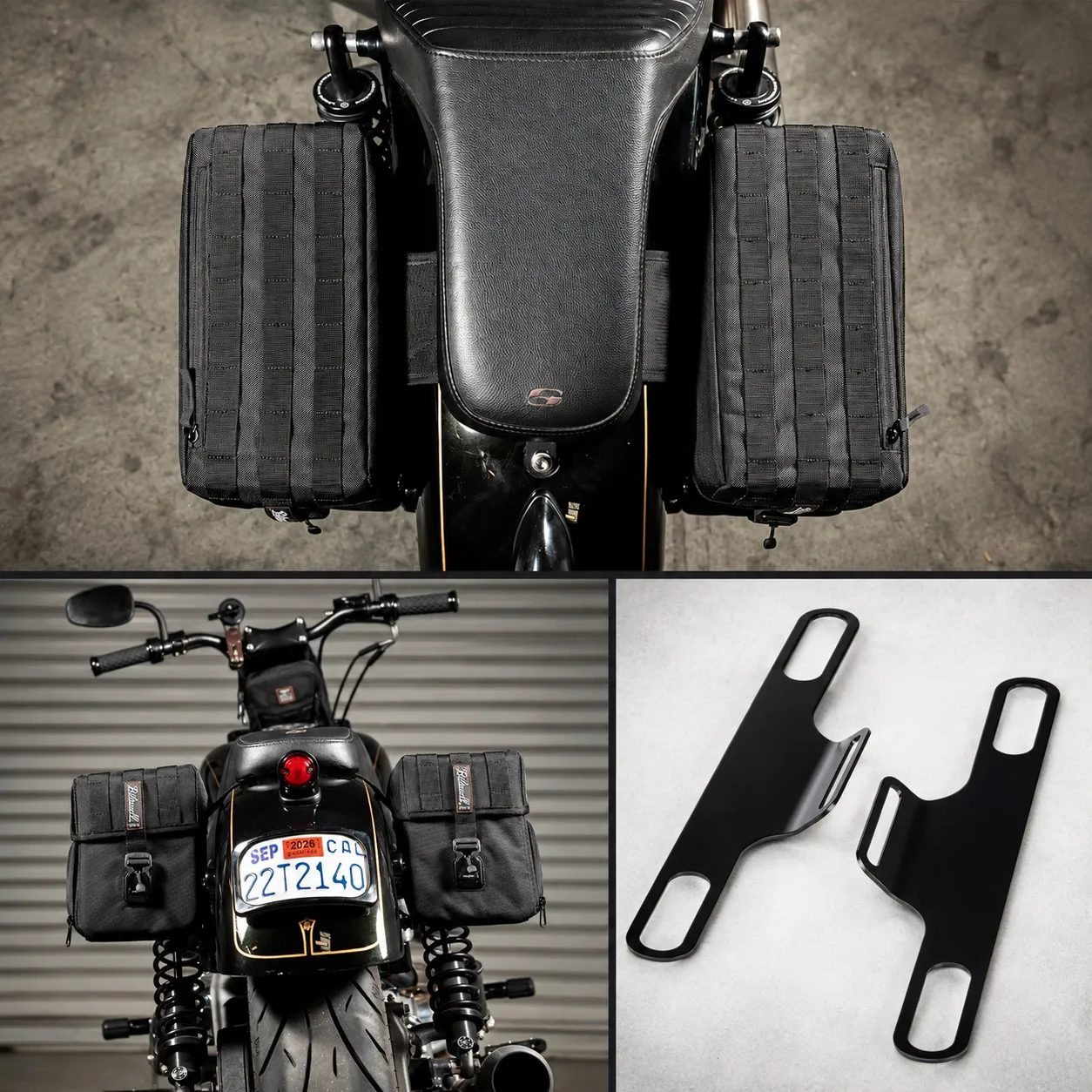 ハーレー車両に装着したBiltwell EXFIL-12 サドルバッグとフタ上面のMOLLEウェビング