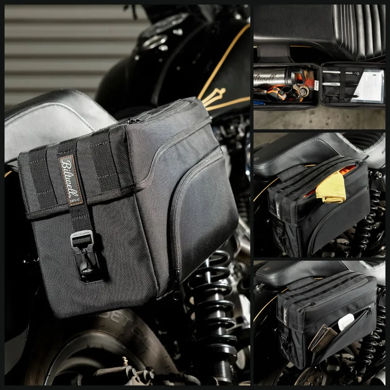 Biltwell EXFIL-12 サドルバッグのFidlockマグネットバックルと開いたフタ、仕切りポケット